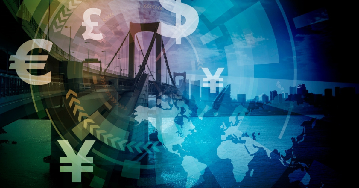 Obrazek przedstawia symbole walut, motywy finansowe i technologiczne oraz miasto.